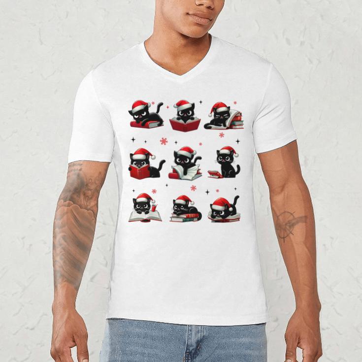 Cat Reading Books Lover Christmas Cat Lover Xmas Men's V-Neck T-Shirt