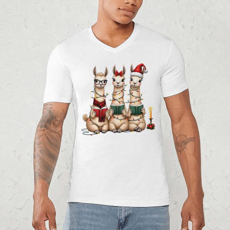 Christmas Three Llamas Reading Reading Books Llama Lover Men's V-Neck T-Shirt Christmas Three Llamas Reading Reading Books Llama Lover Men's V-Neck T-Shirt