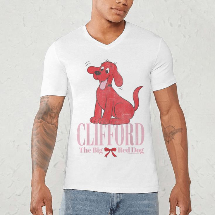 Clifford The Big Red Dog Pink Text With Bow Illustrated Book Men's V-Neck T-Shirt Clifford The Big Red Dog Pink Text With Bow Illustrated Book Men's V-Neck T-Shirt