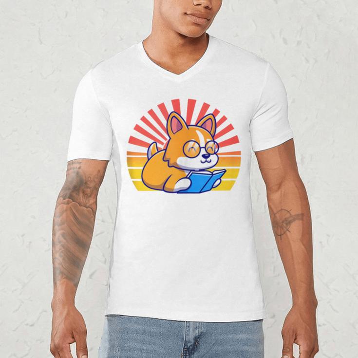 Corgi Dog Reading Book Book Lover Dog Lover Men's V-Neck T-Shirt Corgi Dog Reading Book Book Lover Dog Lover Men's V-Neck T-Shirt