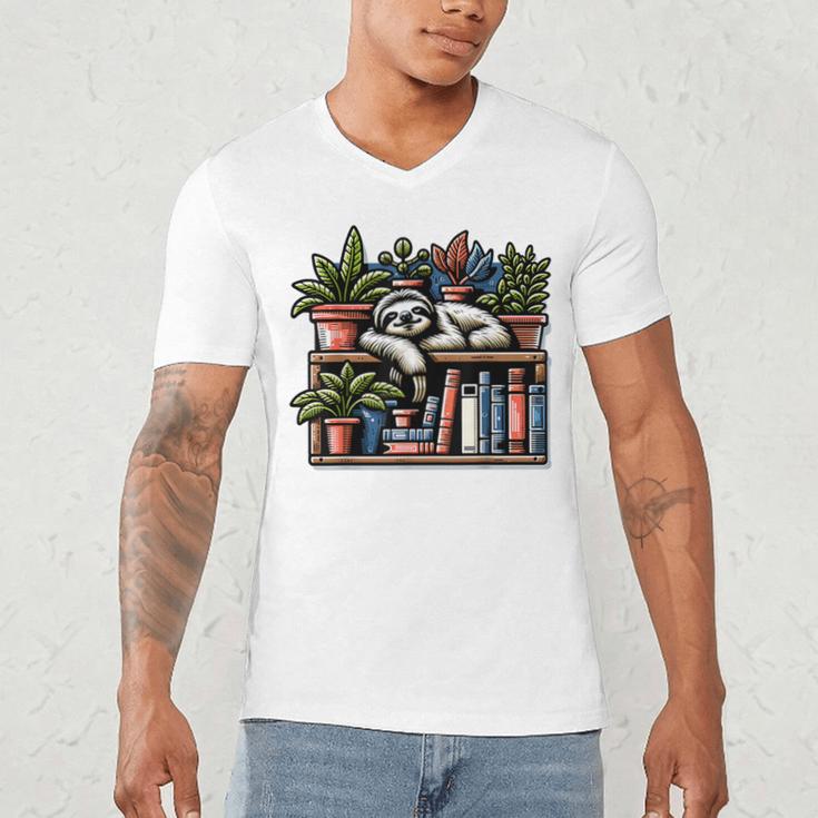 Cosy Sloth In Bookshelf With Plants Men's V-Neck T-Shirt