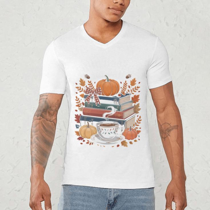 Cozy Autumn Books Fully Booked For Fall Books Pumpkin Men's V-Neck T-Shirt Cozy Autumn Books Fully Booked For Fall Books Pumpkin Men's V-Neck T-Shirt