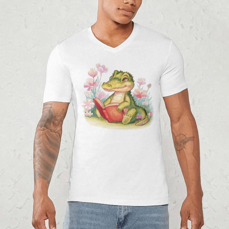 Crocodile Reading Book Watercolor Flowers Kids Men's V-Neck T-Shirt