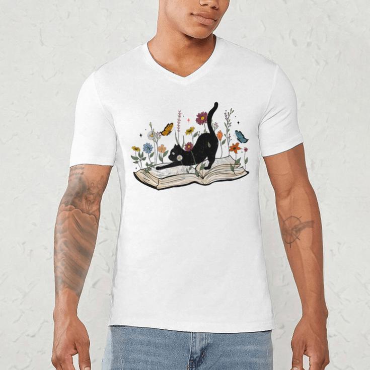 Cute Cat Flower Garden Book Kitty Reading Floral Men Women Girls Kids Men's V-Neck T-Shirt Cute Cat Flower Garden Book Kitty Reading Floral Men Women Girls Kids Men's V-Neck T-Shirt