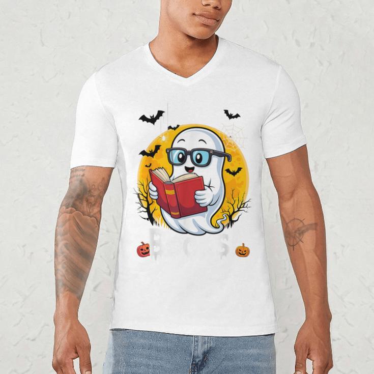 Cute Ghost Reading Book Retro Halloween Librarian Men's V-Neck T-Shirt