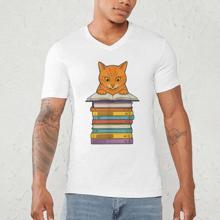 Cute Orange Tabby Cat Reading On Pile Of Books Men's V-Neck T-Shirt