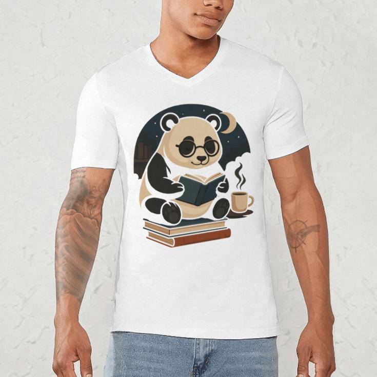 Cute Panda Reading Book Under Moon Bookworm Coffee Lover Men's V-Neck T-Shirt