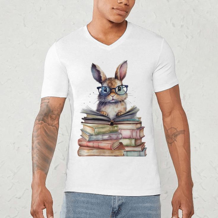 Cute Reading Bunny With Glasses Books Bookworm Reader Book Premium Tri-Blend Men's V-Neck T-Shirt