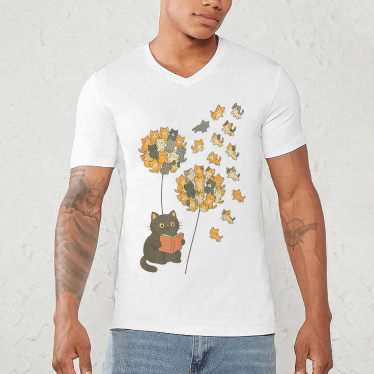 Cute Reading Cat With Kitten Dandelion Flowers Book Lover Men's V-Neck T-Shirt Cute Reading Cat With Kitten Dandelion Flowers Book Lover Men's V-Neck T-Shirt