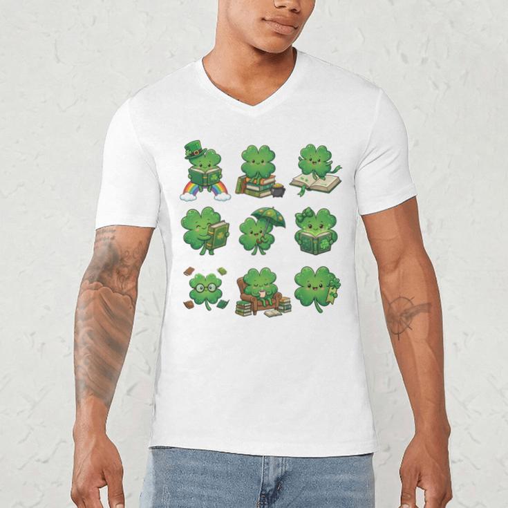 Cute Shamrock Reading St Patricks Day Teacher Book Lovers Men's V-Neck T-Shirt