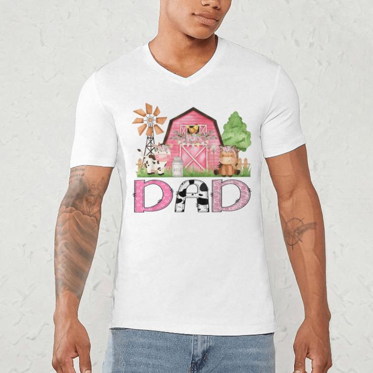 Dad Pink Farm Animal Birthday Kids Matching Family Men's V-Neck T-Shirt