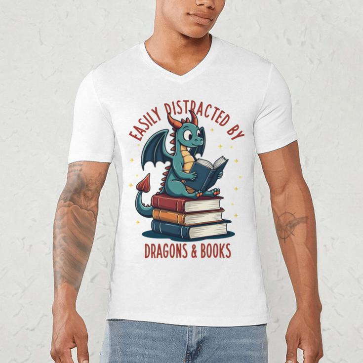 Dark Romance Romantasy Easily Distracted By Dragons & Books Men's V-Neck T-Shirt
