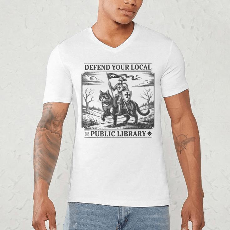 Defend Your Local Public Library Cat Knight Book Lover Men's V-Neck T-Shirt Defend Your Local Public Library Cat Knight Book Lover Men's V-Neck T-Shirt