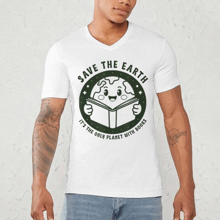 Earth Day 2025 Save Earth It´s Only Planet With Books Reader Men's V-Neck T-Shirt