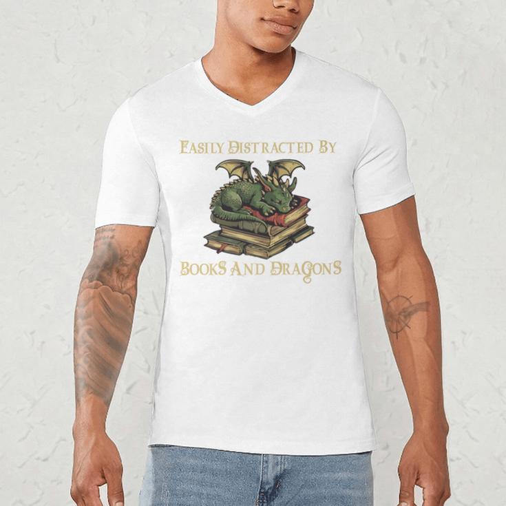 Easily Distracted By Books And Dragons Graphic Premium Men's V-Neck T-Shirt Easily Distracted By Books And Dragons Graphic Premium Men's V-Neck T-Shirt