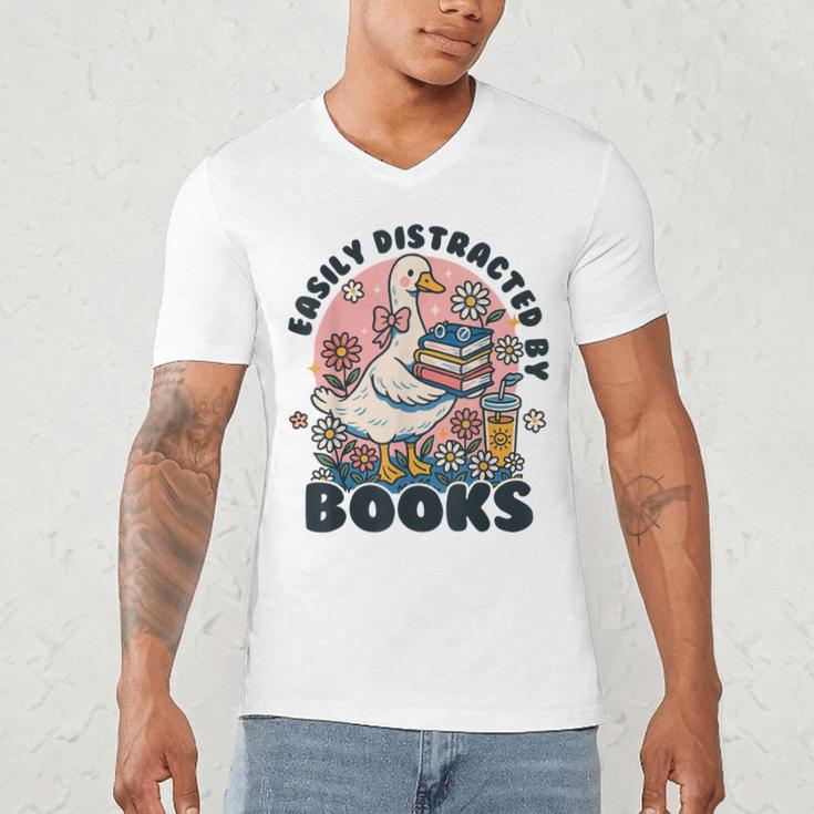 Easily Distracted By Books Read Goose Lover Bookworm Reading Men's V-Neck T-Shirt Easily Distracted By Books Read Goose Lover Bookworm Reading Men's V-Neck T-Shirt