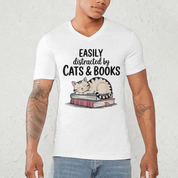 Easily Distracted By Cats And Books Cute Book Lover Men's V-Neck T-Shirt Easily Distracted By Cats And Books Cute Book Lover Men's V-Neck T-Shirt