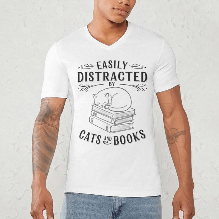 Easily Distracted By Cats And Books For Women Men's V-Neck T-Shirt Easily Distracted By Cats And Books For Women Men's V-Neck T-Shirt