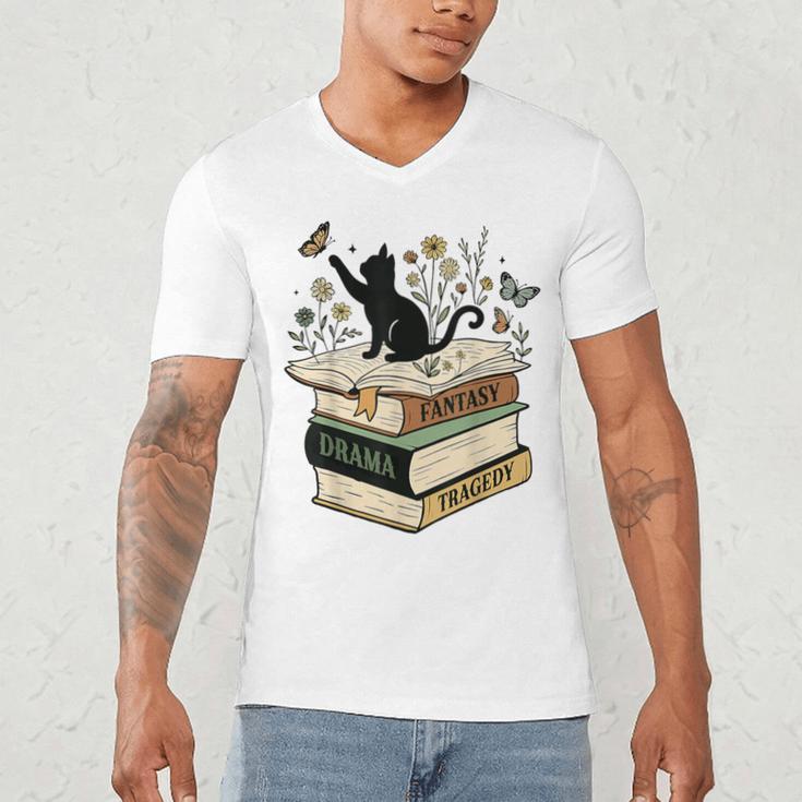 Fantasy Drama Tragedy Cat Book Lover Reading Humor Men's V-Neck T-Shirt