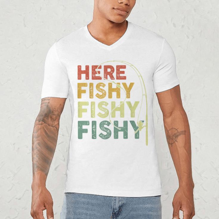 Fishing Here-Fishy Bass Fish Dad Men's V-Neck T-Shirt