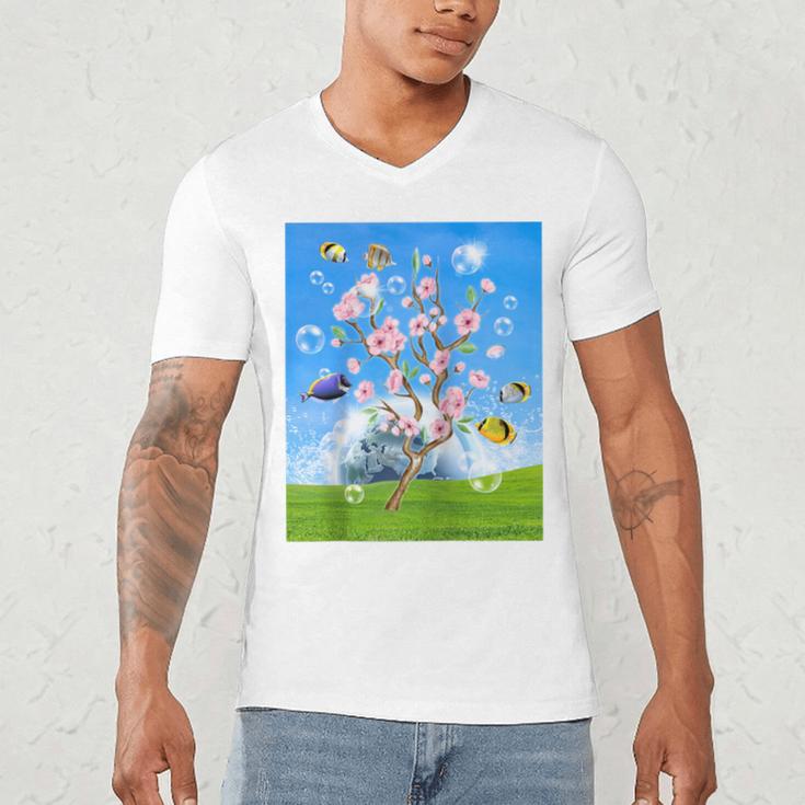 Frutiger Aero Aesthetic Tech Cherry Blossom Fishes Bubbles Raglan Baseball Tee Men's V-Neck T-Shirt