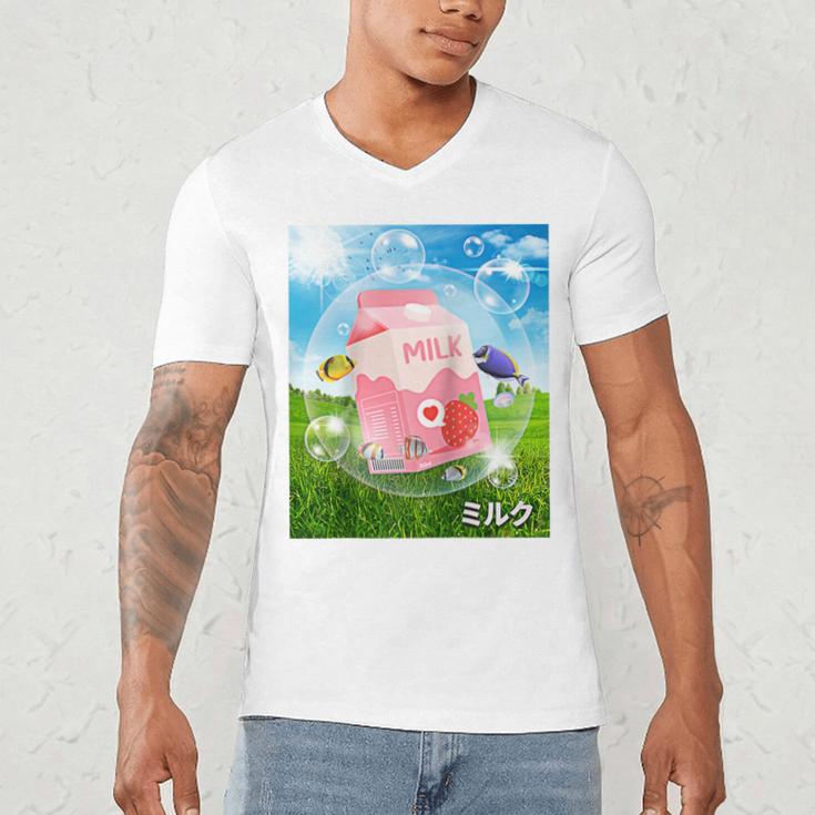Frutiger Aero Aesthetic Tech Kawaii Strawberry Milk Fishes Raglan Baseball Tee Men's V-Neck T-Shirt Frutiger Aero Aesthetic Tech Kawaii Strawberry Milk Fishes Raglan Baseball Tee Men's V-Neck T-Shirt