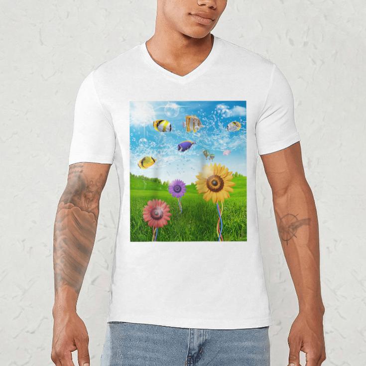 Frutiger Aero Aesthetic Tech Scenery Fishes Sunflower Raglan Baseball Tee Men's V-Neck T-Shirt Frutiger Aero Aesthetic Tech Scenery Fishes Sunflower Raglan Baseball Tee Men's V-Neck T-Shirt