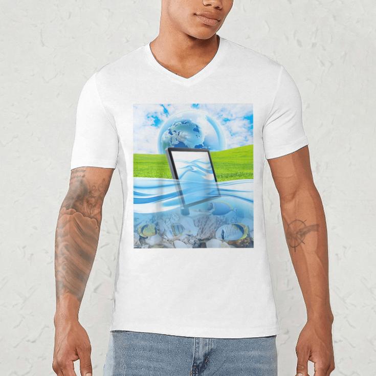 Frutiger Aero Aesthetic Tech Water Fishes Monitor Screen Raglan Baseball Tee Men's V-Neck T-Shirt Frutiger Aero Aesthetic Tech Water Fishes Monitor Screen Raglan Baseball Tee Men's V-Neck T-Shirt