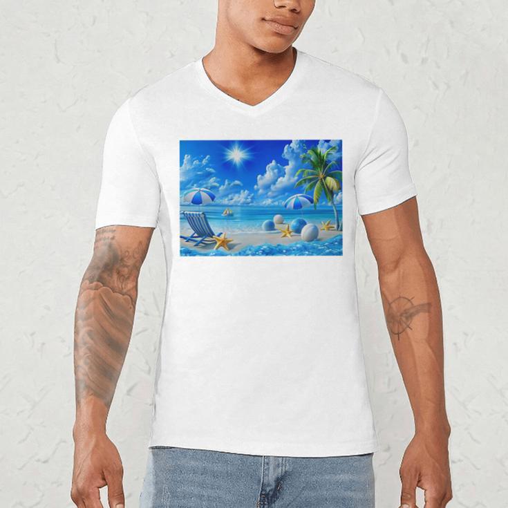 Frutiger Aero Beach Y2k Aesthetic Palm Tree Sand Ocean Premium Men's V-Neck T-Shirt