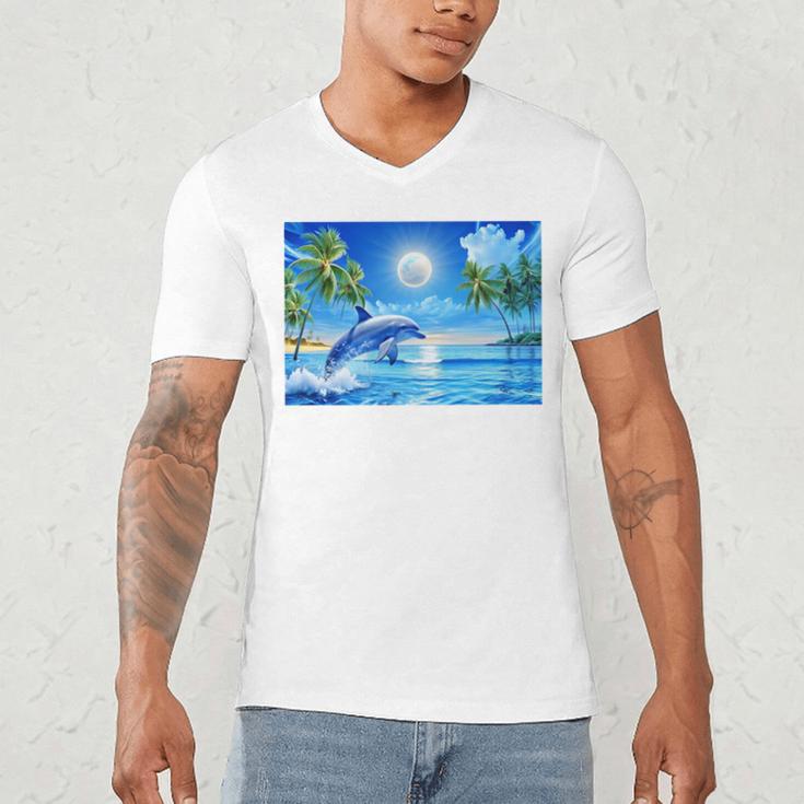 Frutiger Aero Dolphin Sunset Ocean With Palm Trees Y2k Premium Men's V-Neck T-Shirt Frutiger Aero Dolphin Sunset Ocean With Palm Trees Y2k Premium Men's V-Neck T-Shirt
