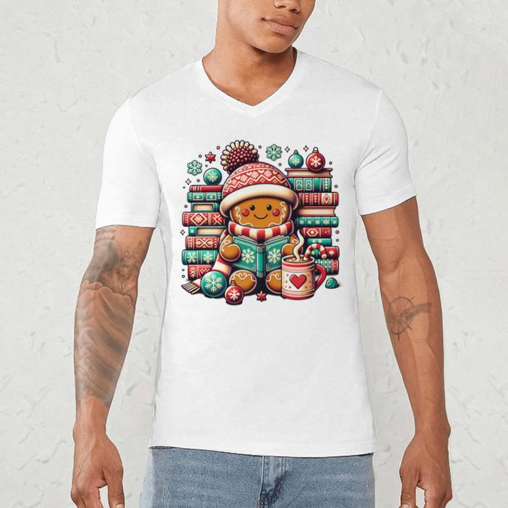 Gingerbread Reading Book Lovers Christmas Bookworm Librarian Premium Men's V-Neck T-Shirt
