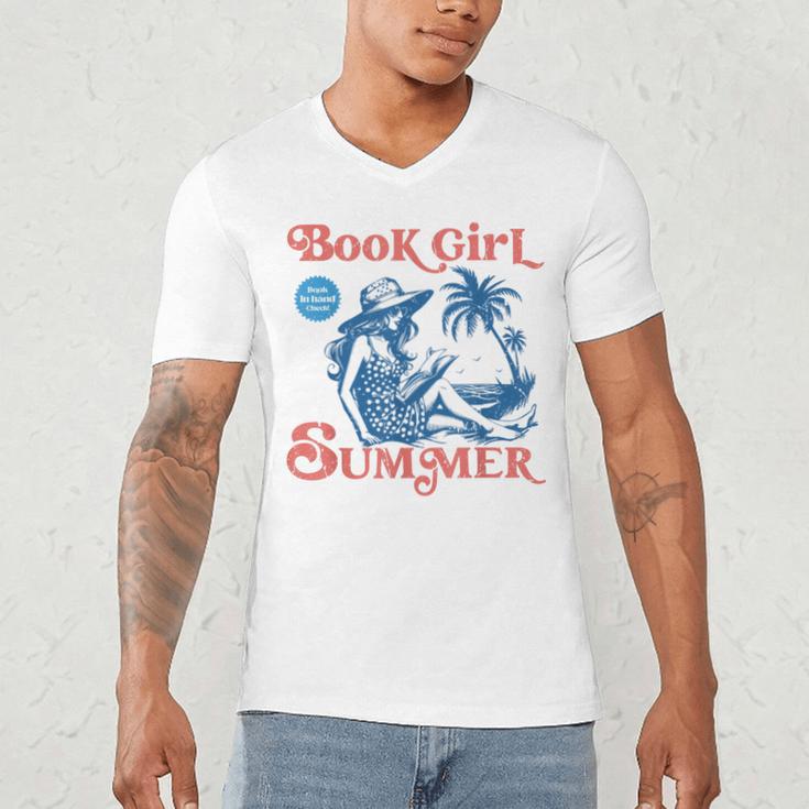 Girl Reading Book Summer Beach Vacation For Book Lover Men's V-Neck T-Shirt Girl Reading Book Summer Beach Vacation For Book Lover Men's V-Neck T-Shirt