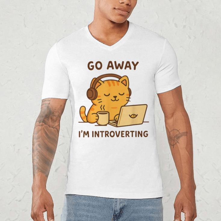 Go Away I'm Introverting Cozy Cat With Laptop And Coffee Men's V-Neck T-Shirt Go Away I'm Introverting Cozy Cat With Laptop And Coffee Men's V-Neck T-Shirt