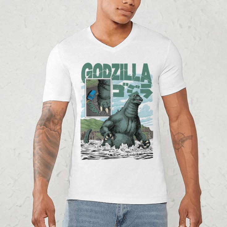 Godzilla Ocean Scene Comic Book Illustration Movie Monster Men's V-Neck T-Shirt