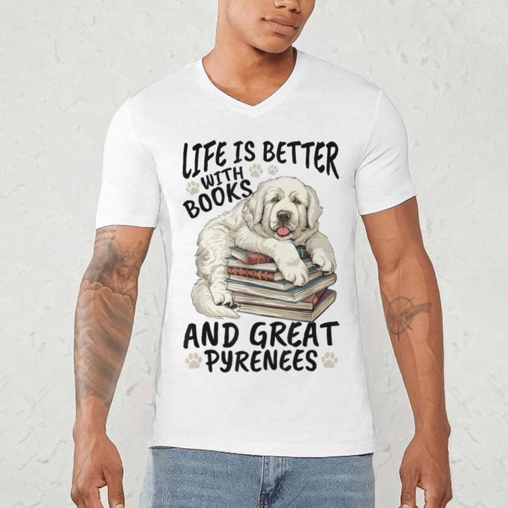Great Pyrenees Dog Breed Life Is Better With Books And Great Men's V-Neck T-Shirt