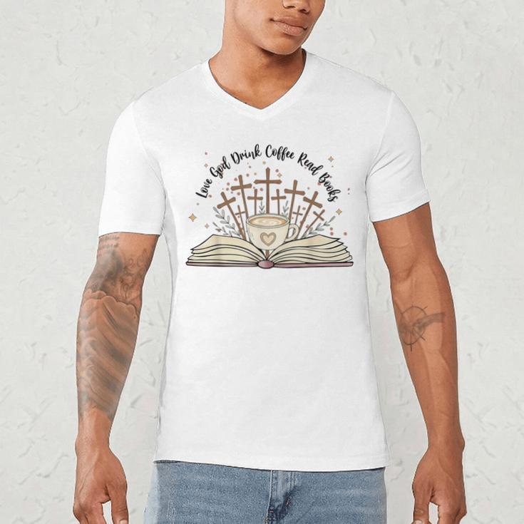 Groovy Flowers Love God Drink Coffee Read Books Christian Men's V-Neck T-Shirt Groovy Flowers Love God Drink Coffee Read Books Christian Men's V-Neck T-Shirt