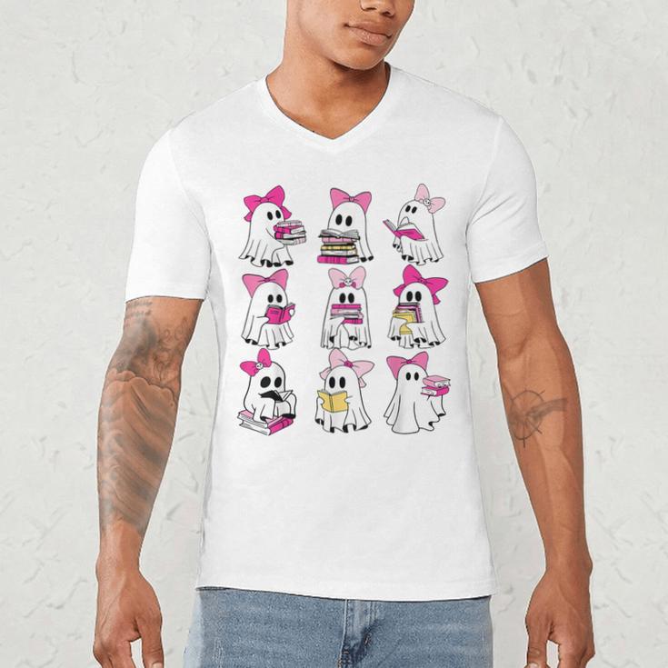 Halloween Pink Ghost Read More Books Spooky Boo Teacher Kids Men's V-Neck T-Shirt Halloween Pink Ghost Read More Books Spooky Boo Teacher Kids Men's V-Neck T-Shirt