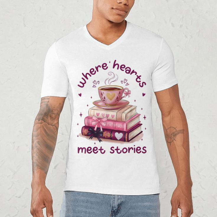 Where Hearts Groovy Meet Stories Coffee Books Valentines Day Men's V-Neck T-Shirt