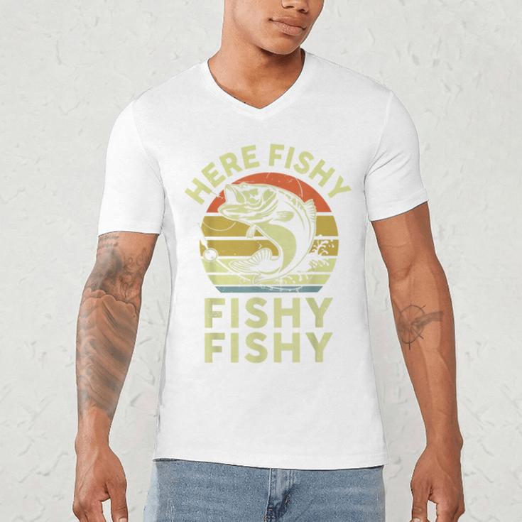 Here-Fishy Fishing Boy Large Mouth Bass Dad Men's V-Neck T-Shirt Here-Fishy Fishing Boy Large Mouth Bass Dad Men's V-Neck T-Shirt