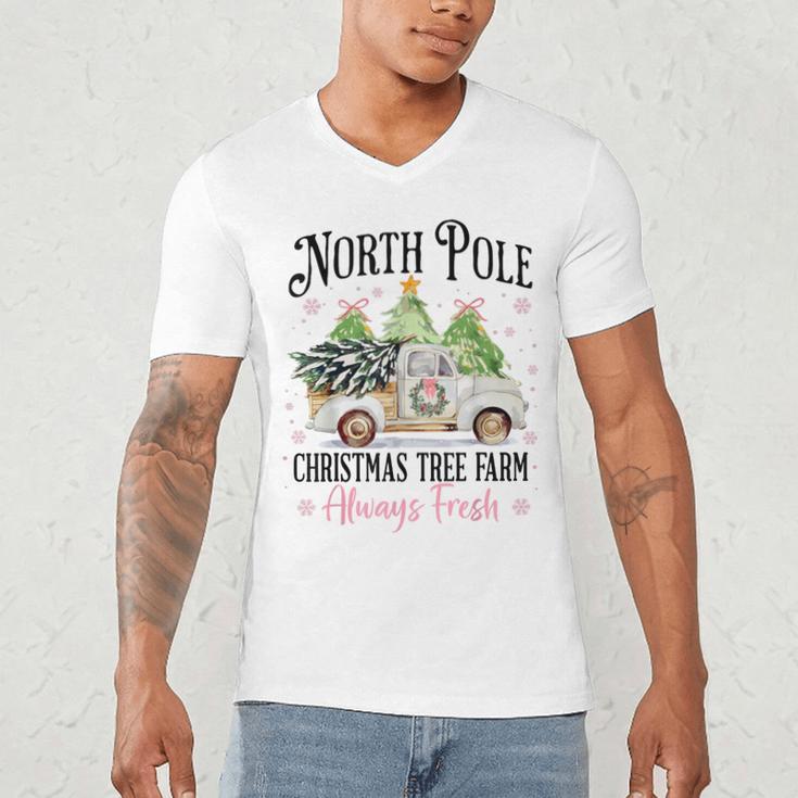 Holiday Scene Nostalgia North Pole Tree Farm Merry Christmas Men's V-Neck T-Shirt