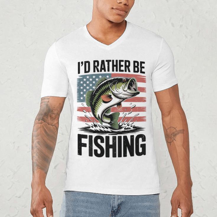 I'd Rather Be Fishing Bass Fish Dad Joke American Flag Men's V-Neck T-Shirt I'd Rather Be Fishing Bass Fish Dad Joke American Flag Men's V-Neck T-Shirt