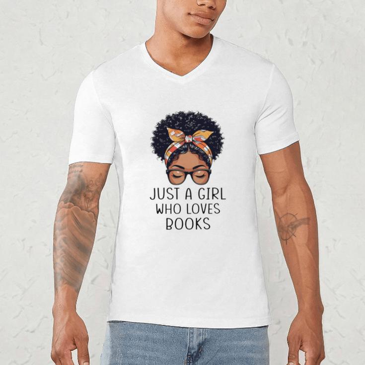 Just a Girl Who Loves Books Messy Bun Black Women Reading Men's V-Neck T-Shirt