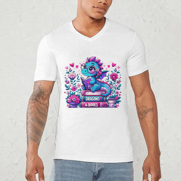 Just A Girl Who Loves Dragons And Books Cute Dragon Reading Premium Tri-Blend Men's V-Neck T-Shirt