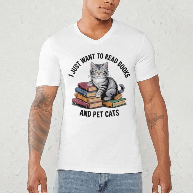 I Just Want To Read Books And Pet Cats Raglan Baseball Tee Men's V-Neck T-Shirt