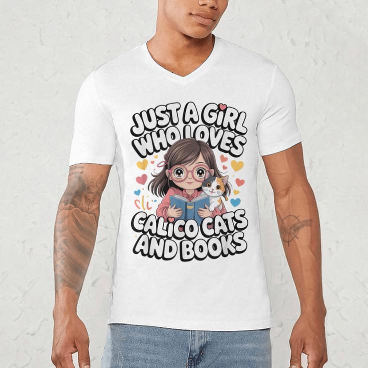 Kawaii Cat And Books Just A Girl Who Loves Both Men's V-Neck T-Shirt Kawaii Cat And Books Just A Girl Who Loves Both Men's V-Neck T-Shirt