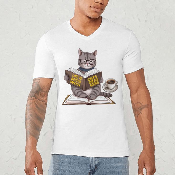 Life Is Better With Cats Coffee Books Cat Reading Book Men's V-Neck T-Shirt