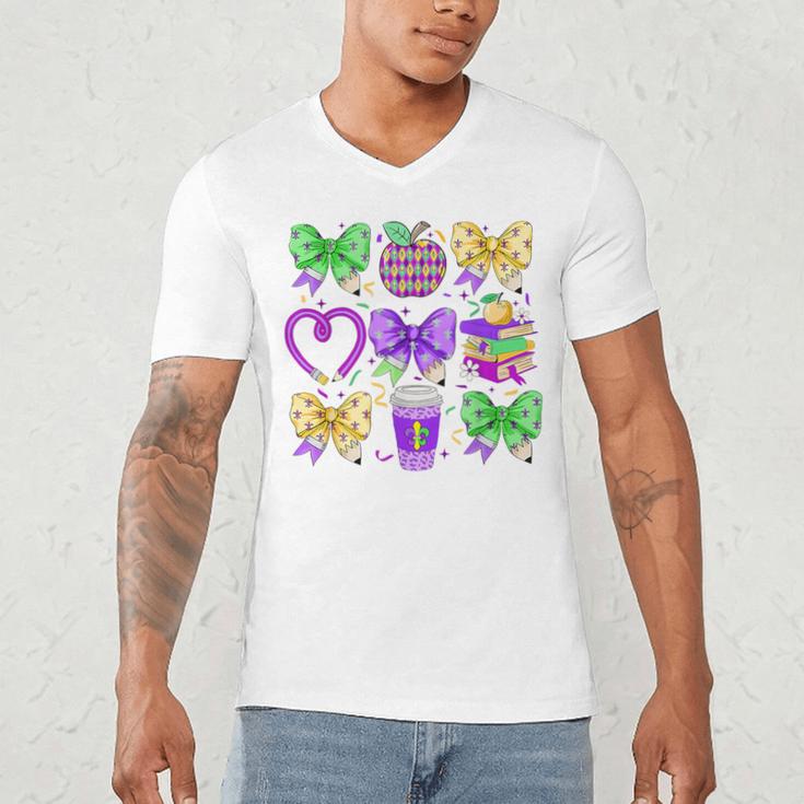 Mardi Gras Teacher Coquette Bow Pencil Apple Book Women Girl Men's V-Neck T-Shirt