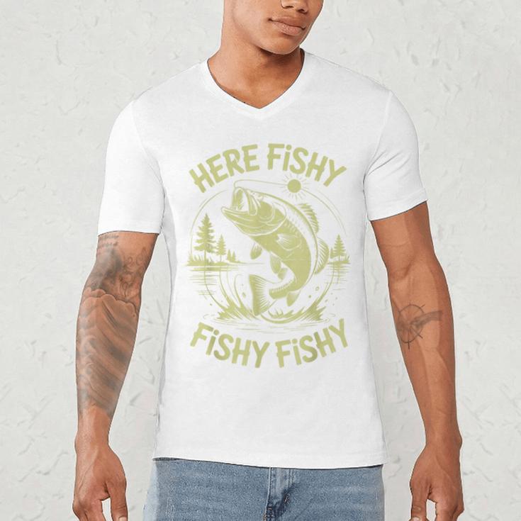 Men Here-Fishy Bass Fish Dad Fishing From Daughter Son Men's V-Neck T-Shirt
