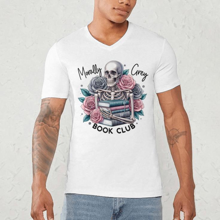 Morally Grey Skeleton Reading Smut Smutty Spicy Books Lover Men's V-Neck T-Shirt