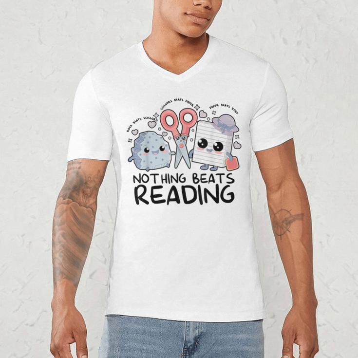 Nothing Beats Reading Rock Paper Scissors Book Lover Teacher Men's V-Neck T-Shirt